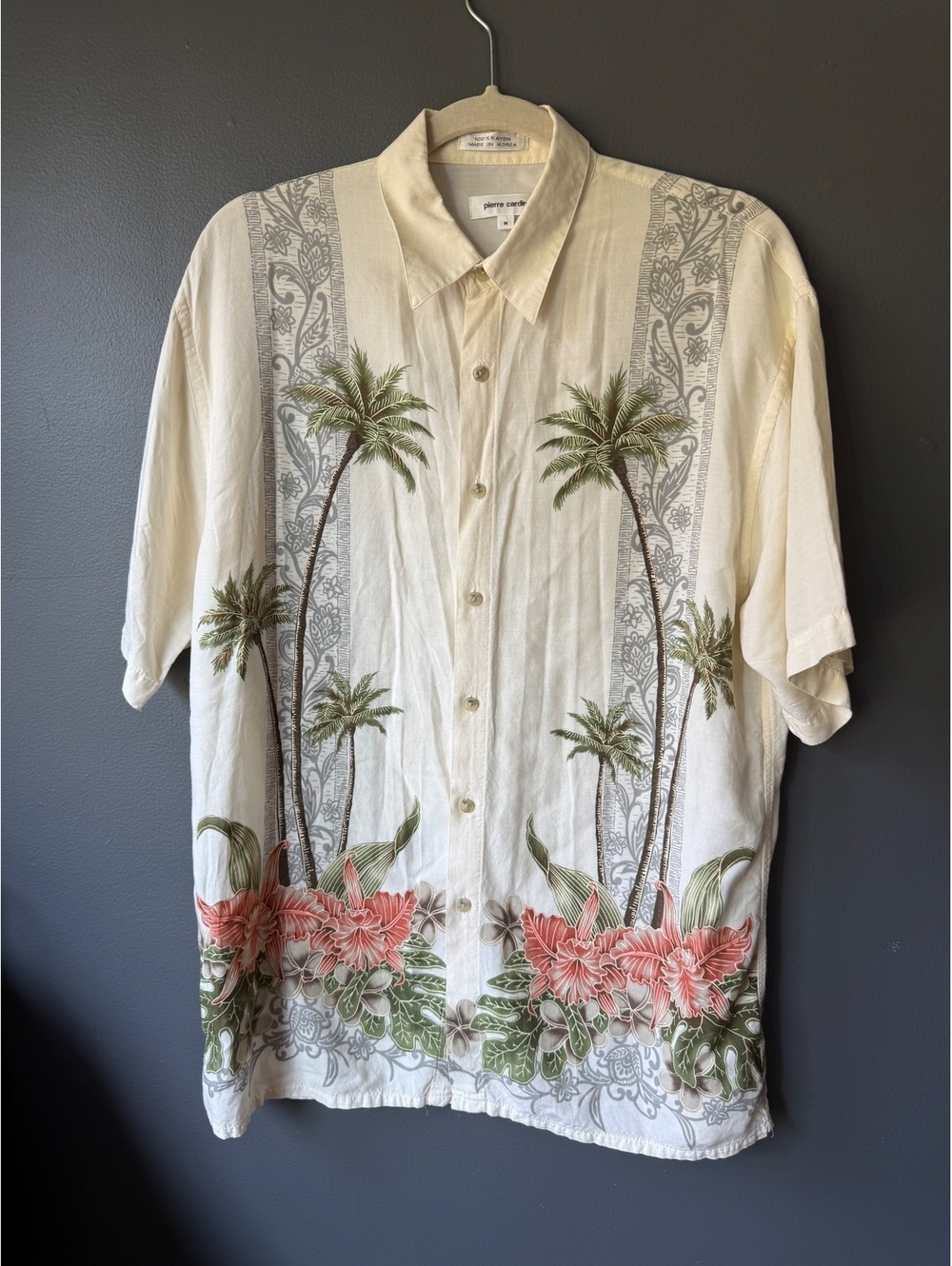 Pierre Cardin Medium Rayon Hawaiian Shirt with Palm Tree and Floral Print